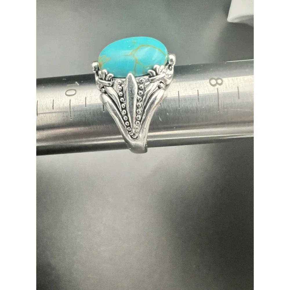 Vintage Style Faux Turquoise Silver Tone Statement Ring Size 9 Southwestern